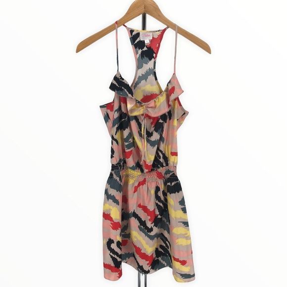 Parker Multicolor Print Ruffle Trim Square Neck Strap Racerback Dress size M - Picture 3 of 13